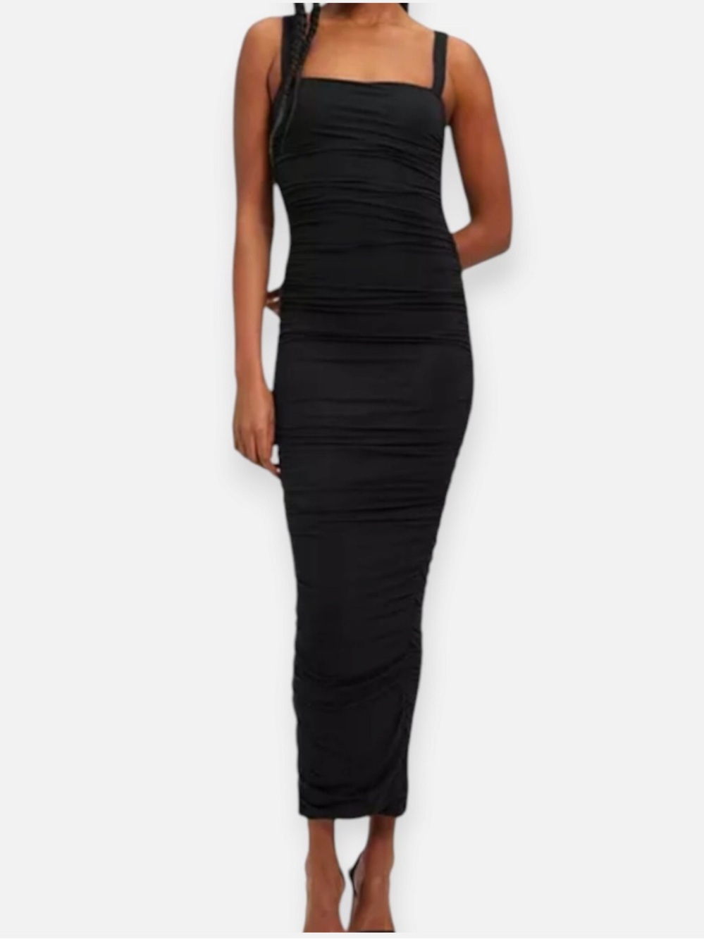 Good American Sz 2 / M Dress Black Ruched Sleeveless Bodycon Maxi Midi Classic.